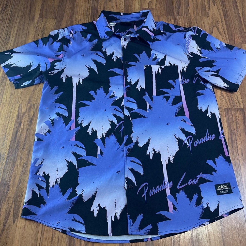 WeSC Paradise Lost Shirt Mens Large Palm Tree Graphic Blue Purple Short Sleeve L